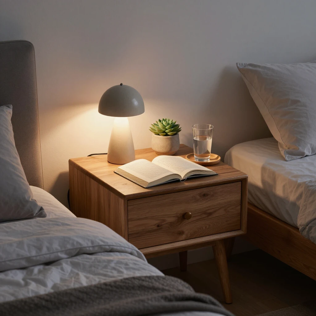 Serene bedroom nightstand with minimal organized items