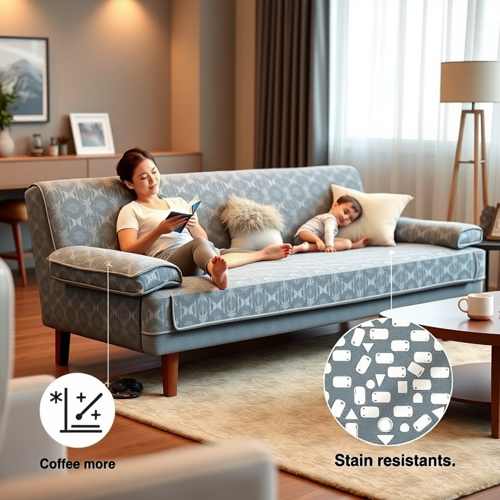 A family relaxing on a durable futon with customizable covers in a cozy, clean living room.