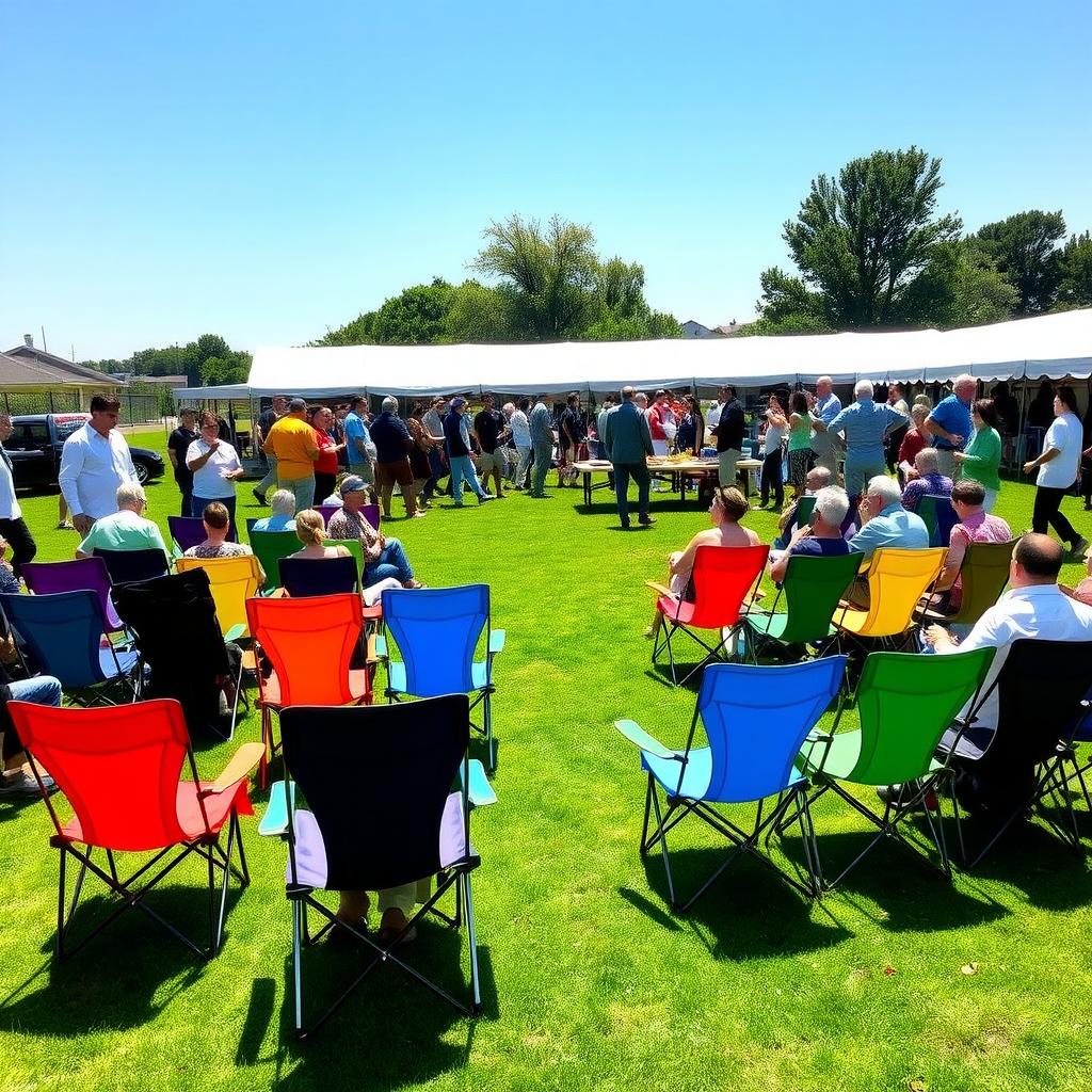 Colorful foldable chairs arranged on a green lawn for an outdoor event with a picnic table in the background.