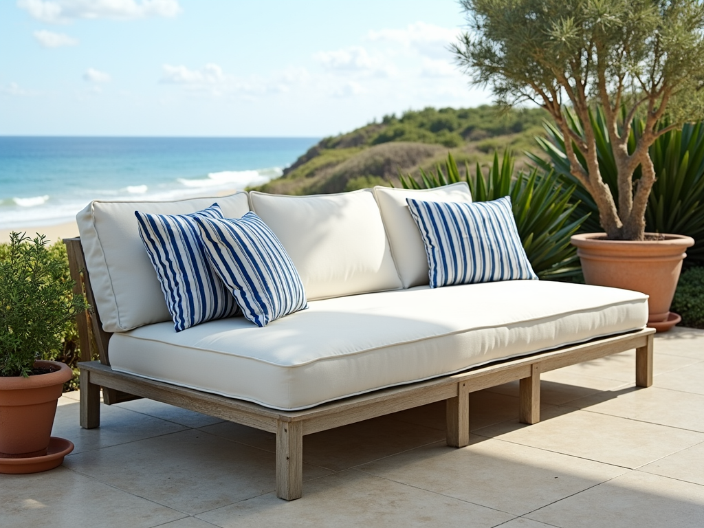 Coastal-inspired convertible sofa on a beachfront patio