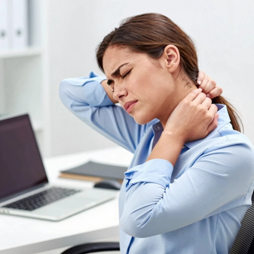 Office worker performing seated neck and shoulder stretches at desk
