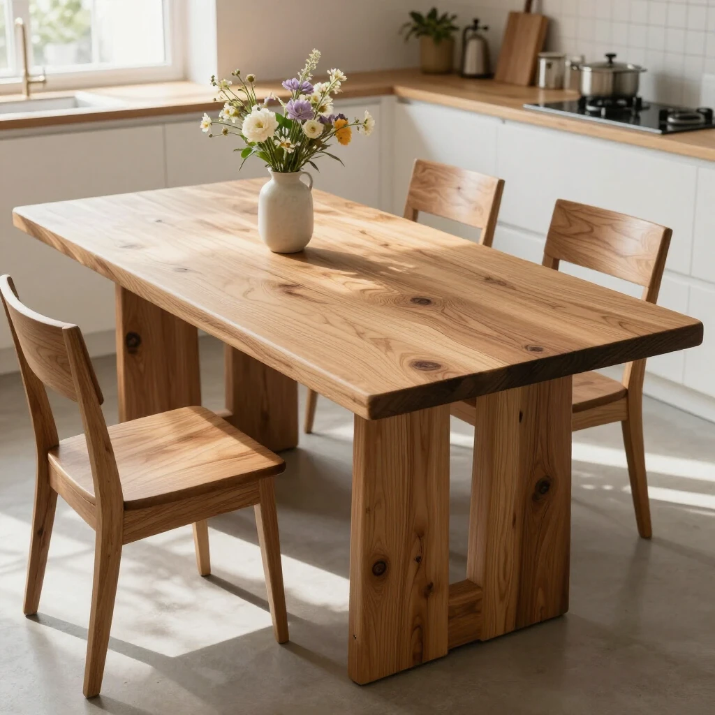 Oak wooden dining table in a bright kitchen