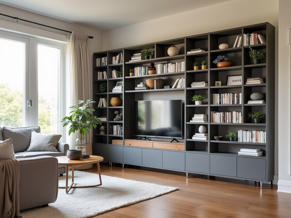 Completed modern DIY bookshelf in a living room