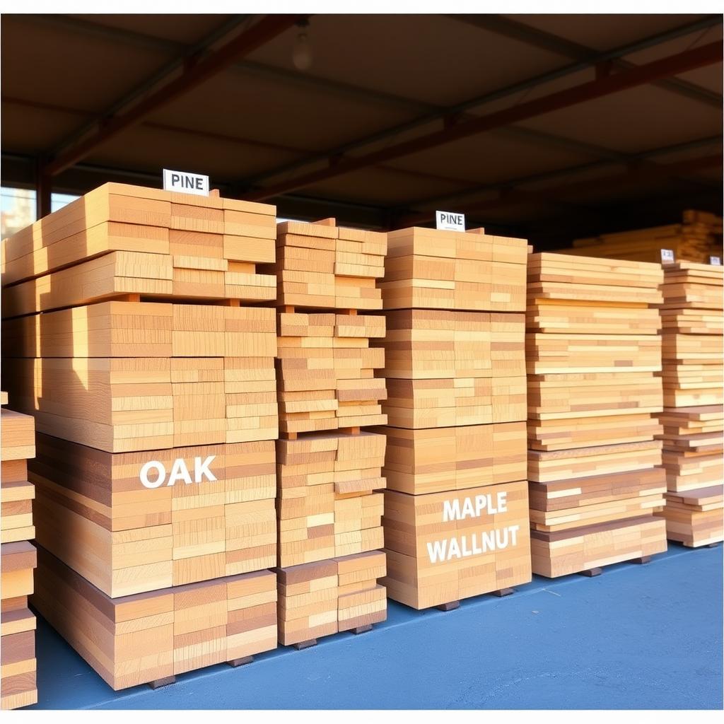 A variety of wooden planks (pine, oak, maple, walnut) stacked in a lumberyard, labeled and lit by soft sunlight.