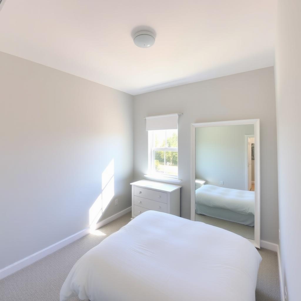 Small bedroom with light gray walls and mirror