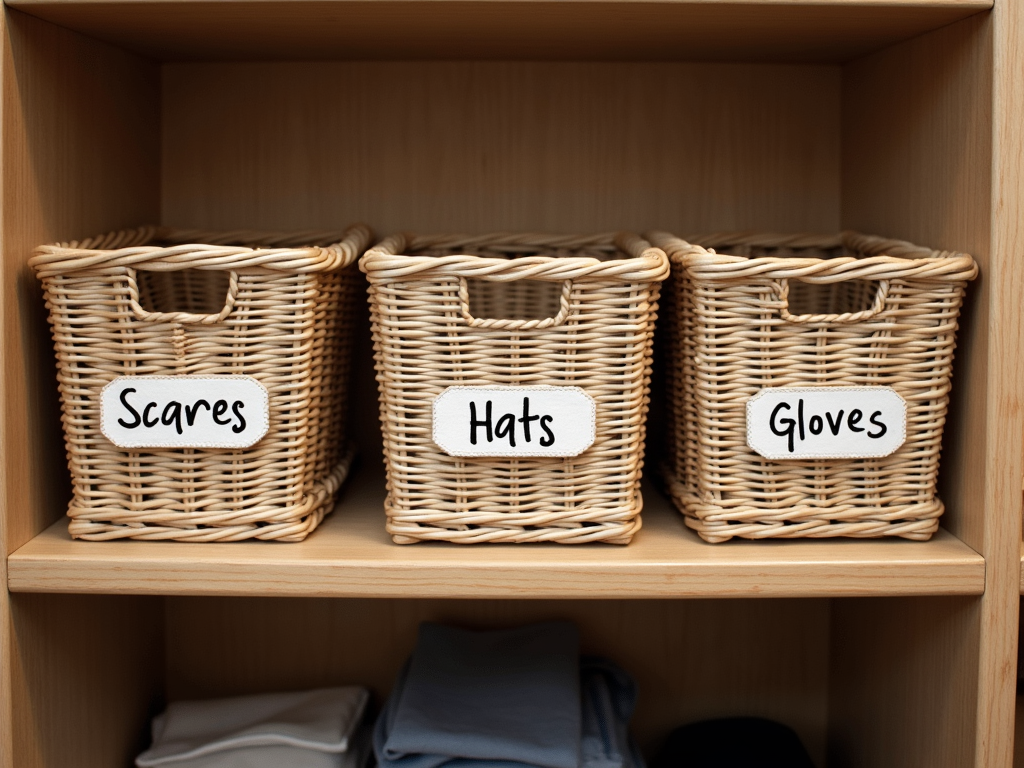 Labeled baskets on a closet shelf