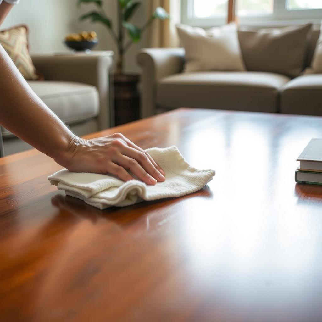 Person cleaning a wooden coffee table with a microfiber cloth in a bright living room.