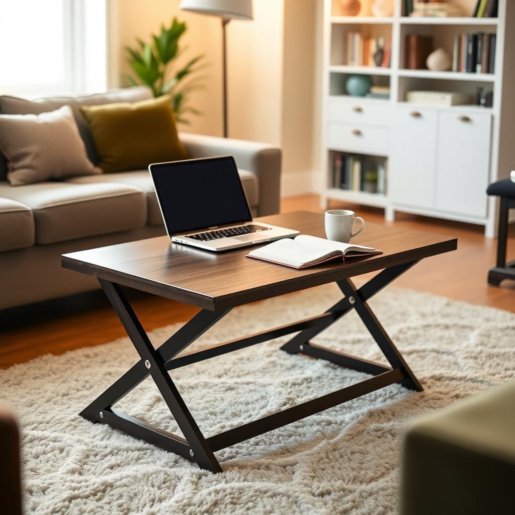 Folding coffee table used as a workspace in a cozy living room