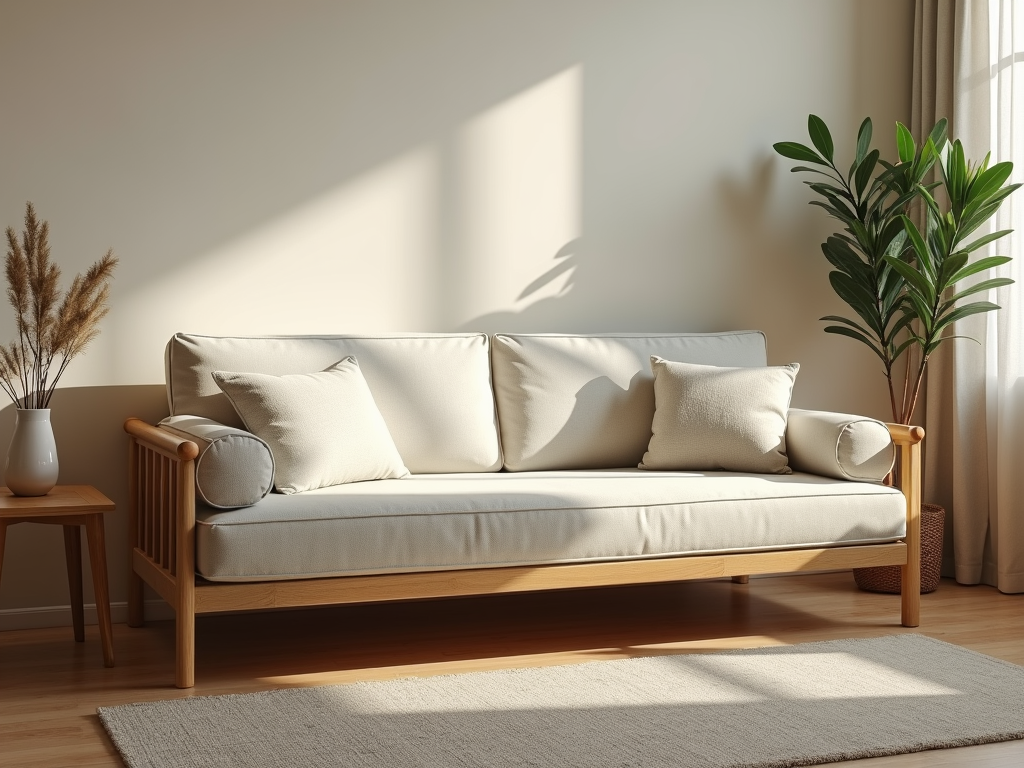 A futon in sofa mode in a cozy living room
