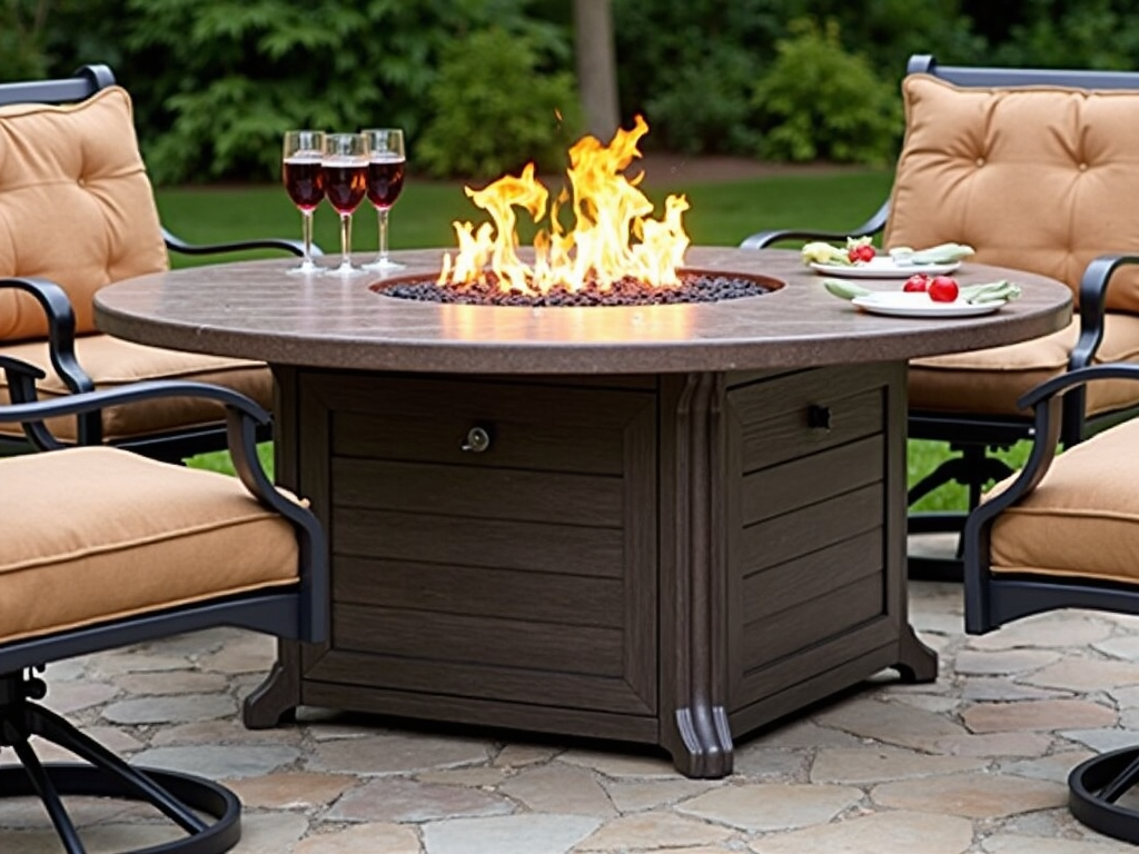 Patio fire pit table with seating around it