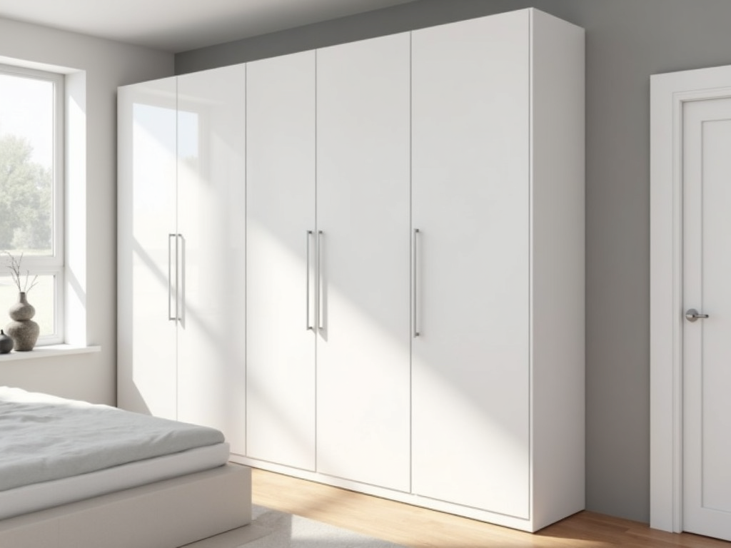 White minimalist armoire in a modern bedroom