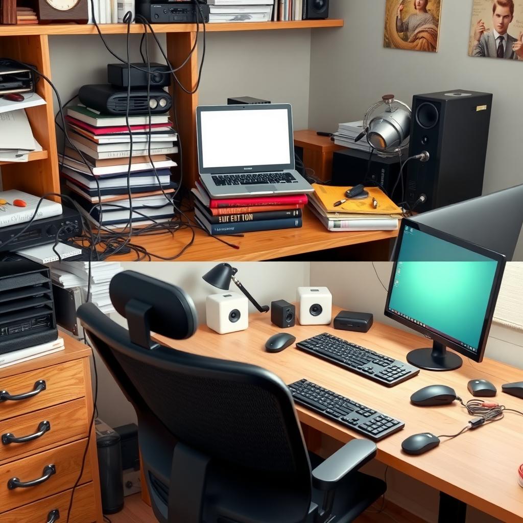 Cluttered home office desk with tangled cables and a non-ergonomic setup, contrasted with an organized corner.