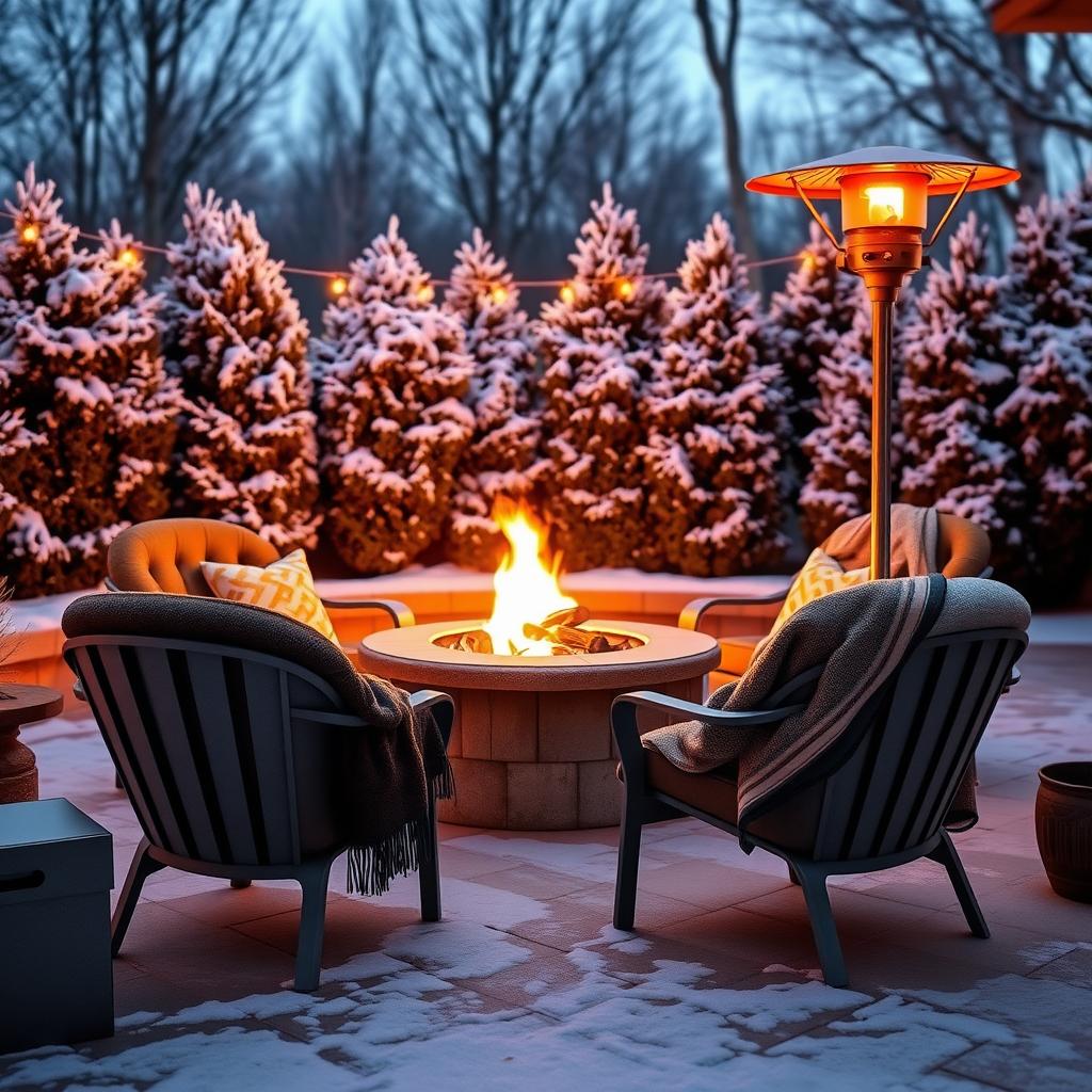 Winter patio with fire pit and patio heater