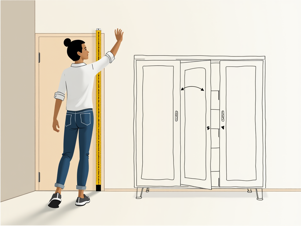 Measuring a space for a space-saving armoire to ensure it fits perfectly.