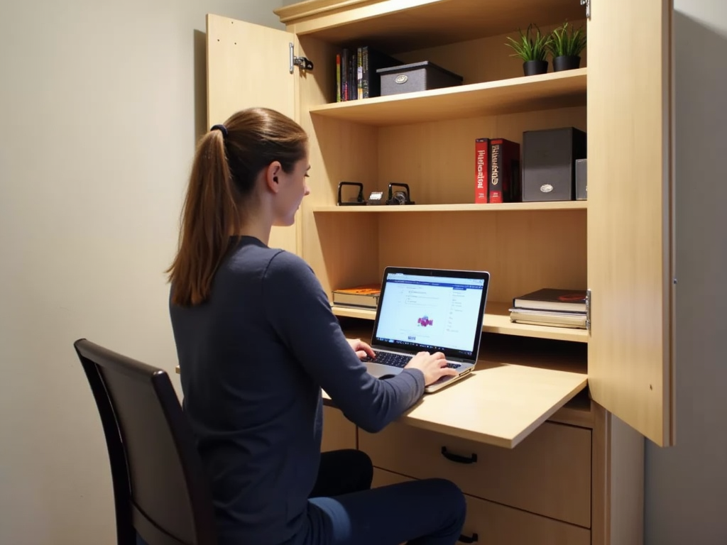 A space-saving armoire with a fold-out desk, highlighting its multi-functional use in a compact space.