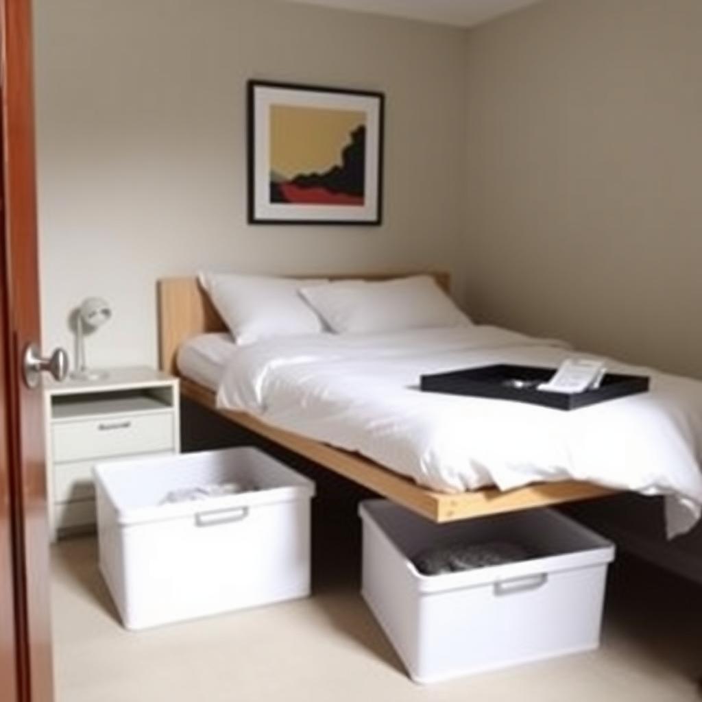 Small bedroom with under-bed storage and organized nightstand.