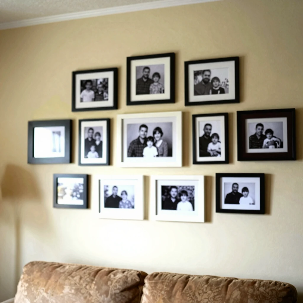 Thrifted frame gallery wall in a cozy living room