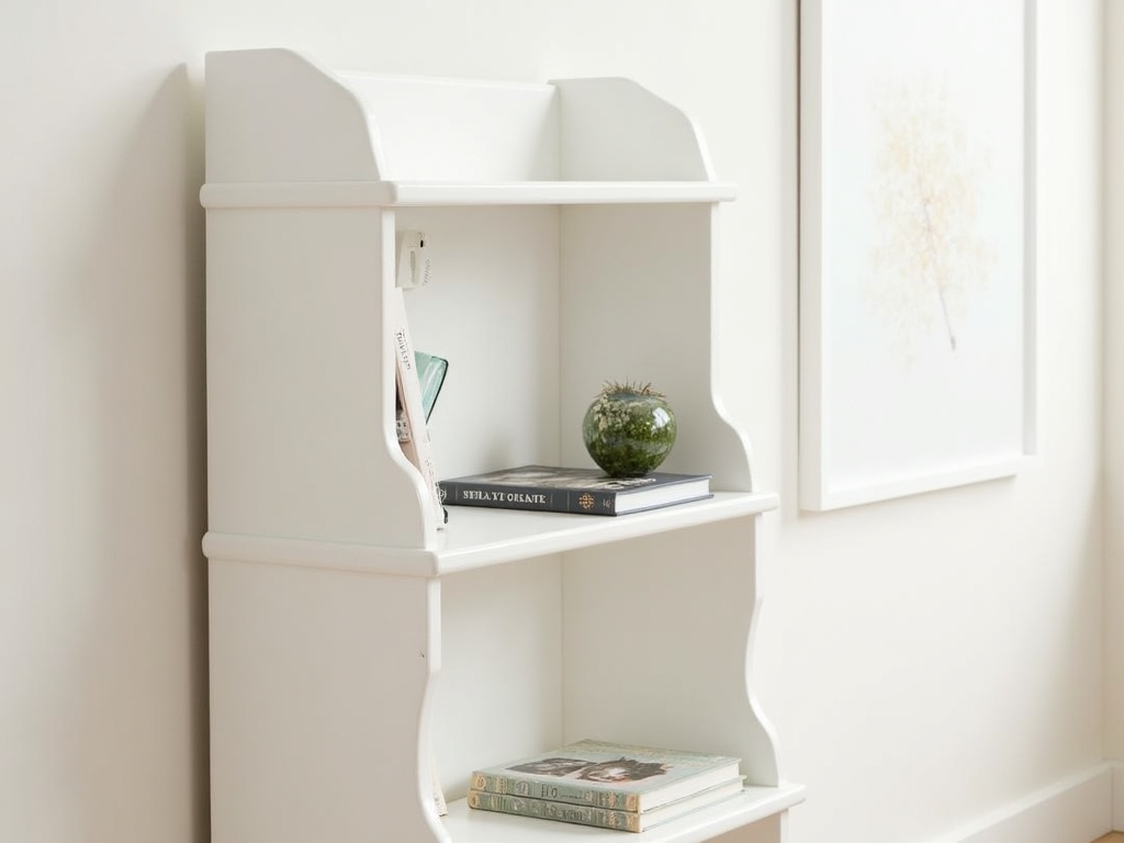 Simple wooden bookshelf with books and plant
