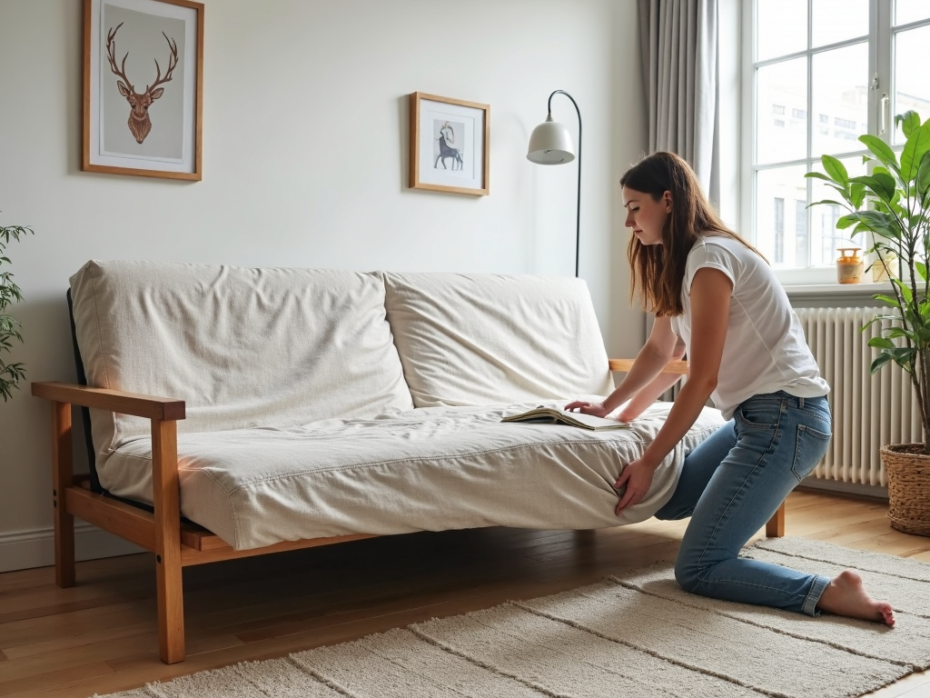 Futon with a protective cover.