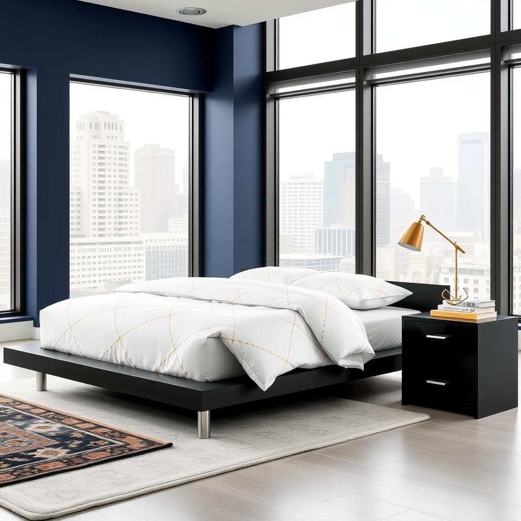 Contemporary bedroom with black bed and glossy nightstand