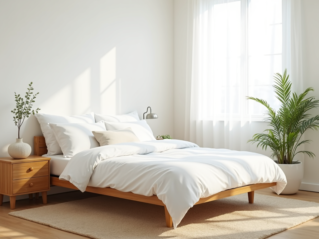 A futon bed in a serene, eco-friendly bedroom.