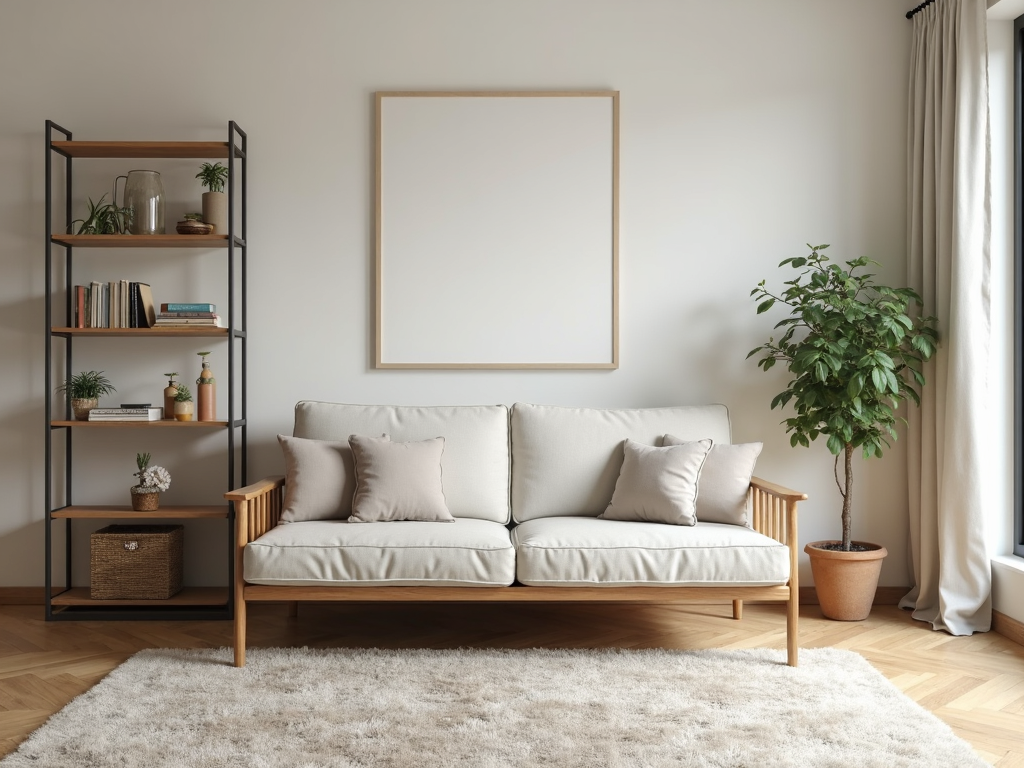 Well-maintained futon in an organized living room