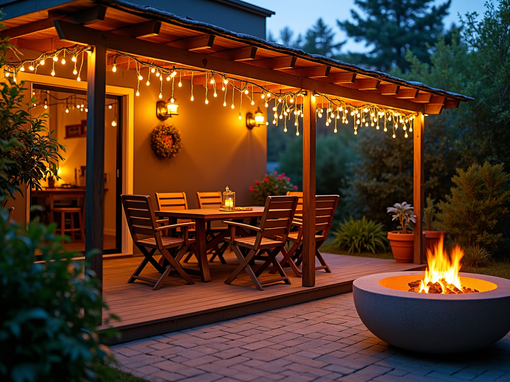 A warmly lit patio with string lights creating a cozy evening ambiance.