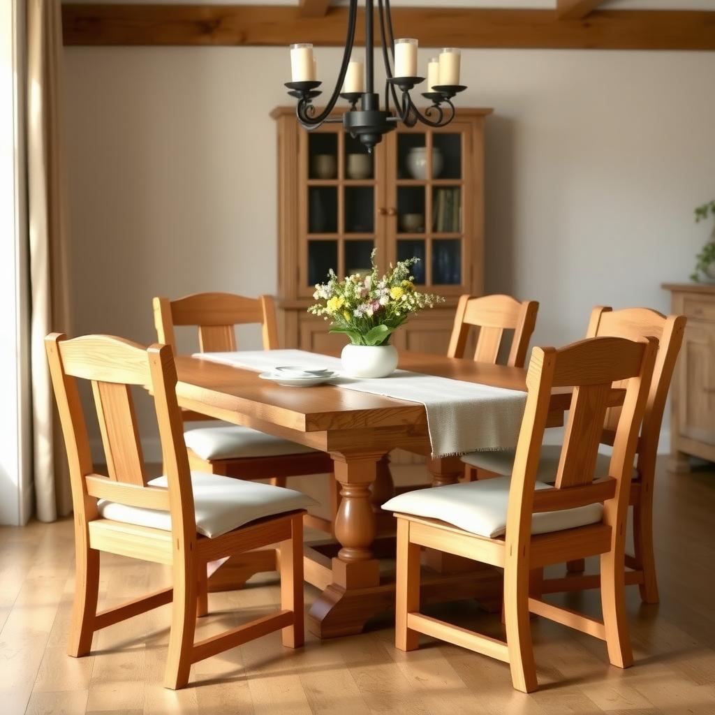 Wooden dining chairs around a rustic farmhouse table