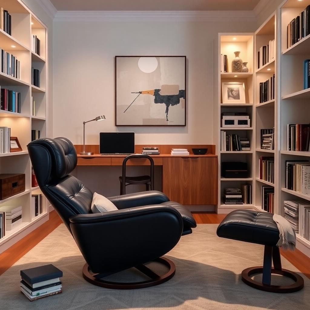 Cozy home office showcasing a sleek ebony Minotti recliner and modern decor.