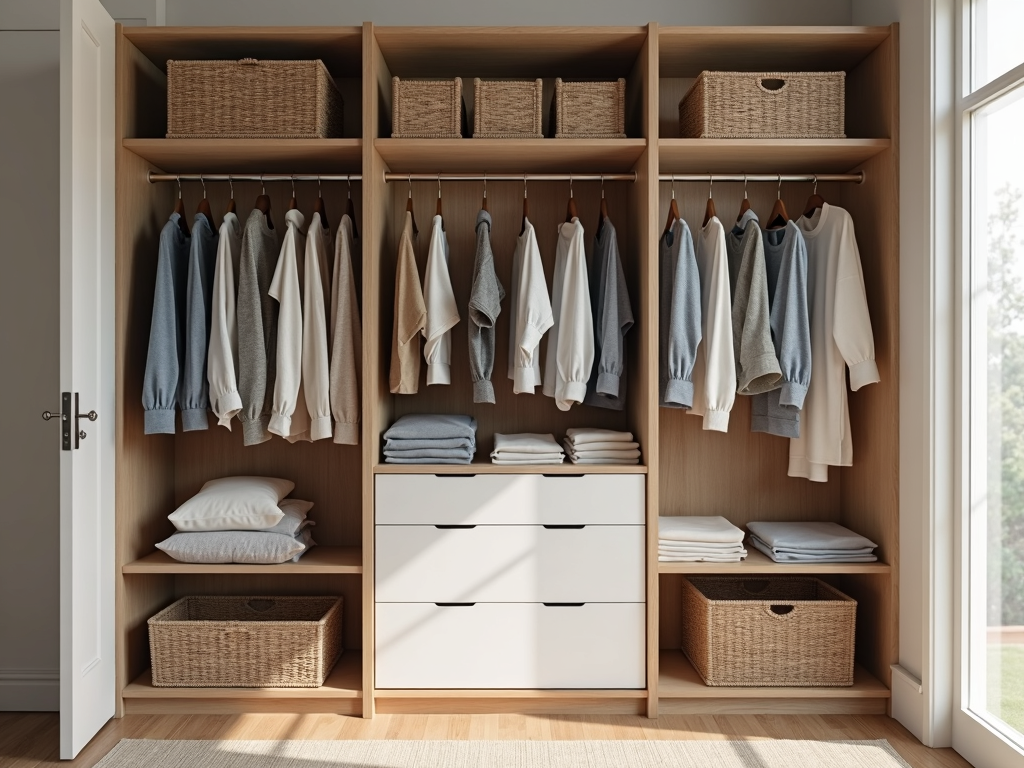 An armoire with clothes and accessories neatly arranged.
