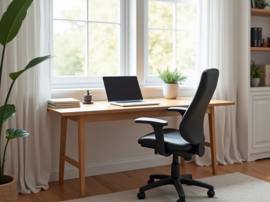 Budget-friendly home office setup with ergonomic chair and natural lighting