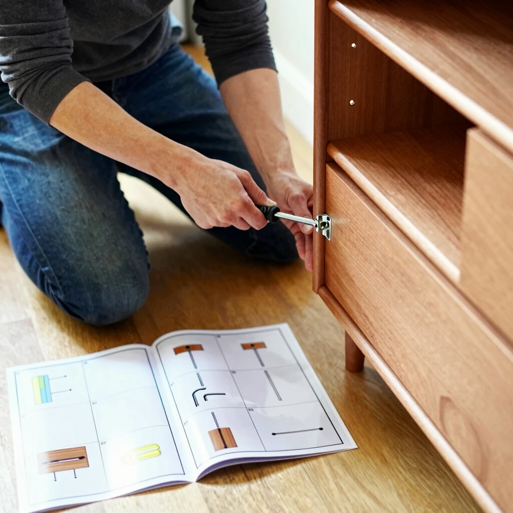 Person carefully assembling a sustainable wood dresser following instructions