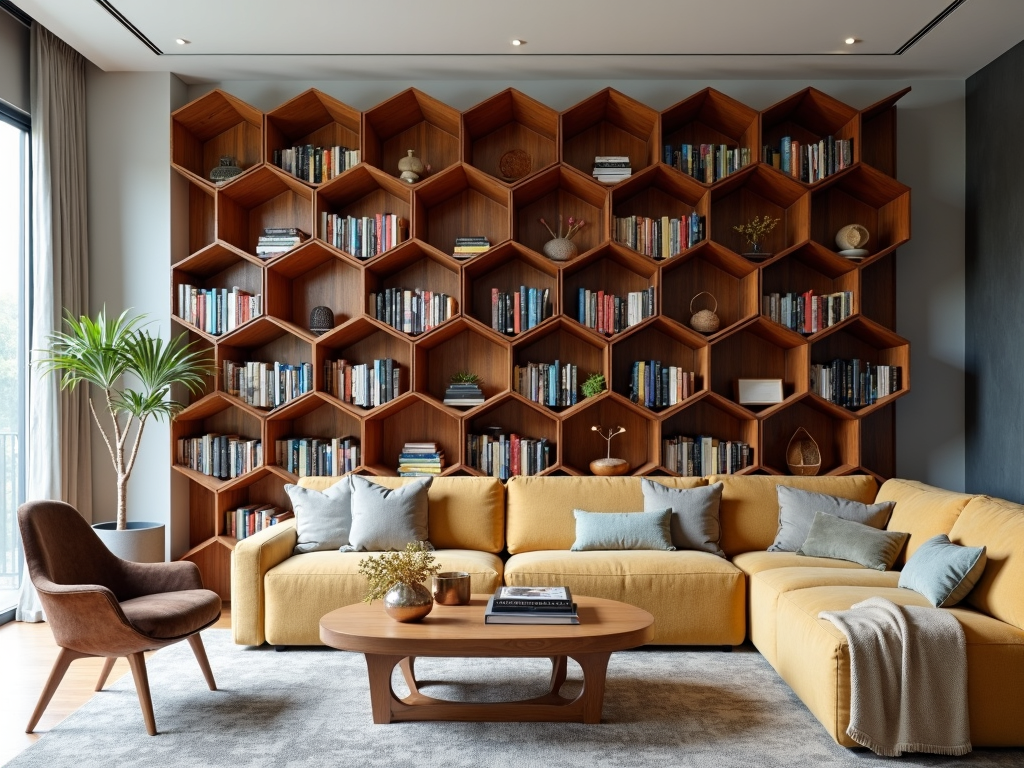 Geometric bookshelf with honeycomb design