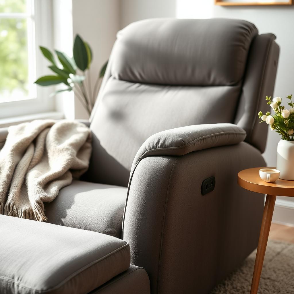 Clean gray microfiber recliner in a cozy living room corner with a throw blanket and coffee table.