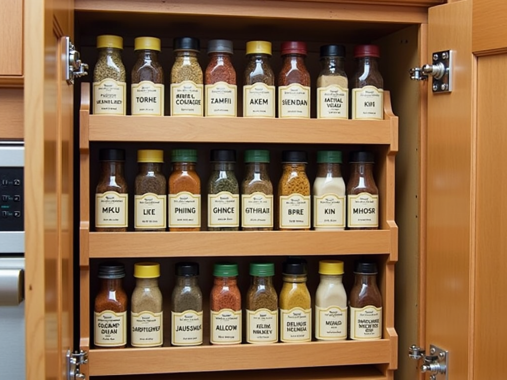 Spice cabinet with labeled jars on a tiered rack