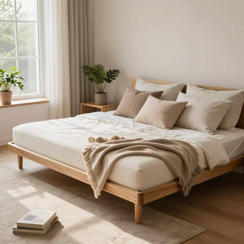 Handmade wooden futon in bed position in a bright modern living room