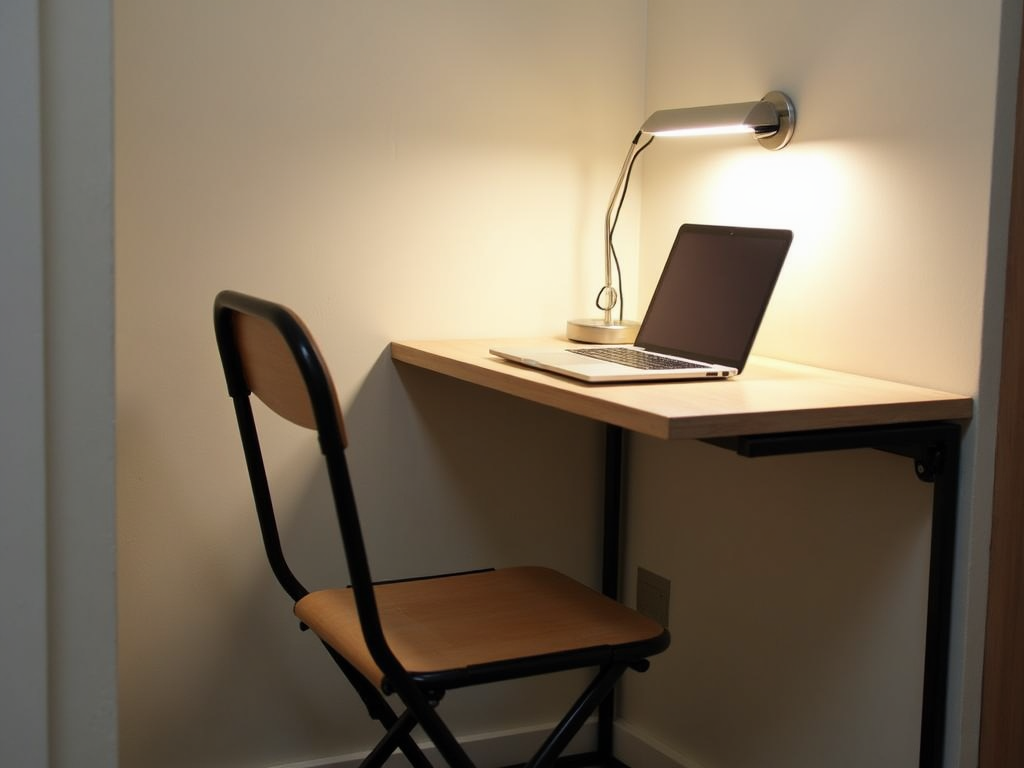 Compact workspace with foldable chair and desk.