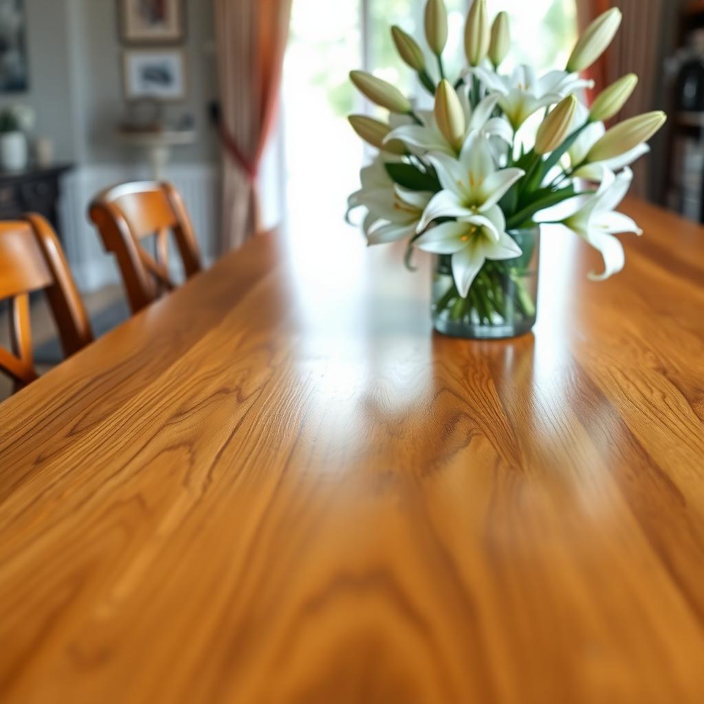 Polished oak dining table with glossy polyurethane finish and a vase of white lilies