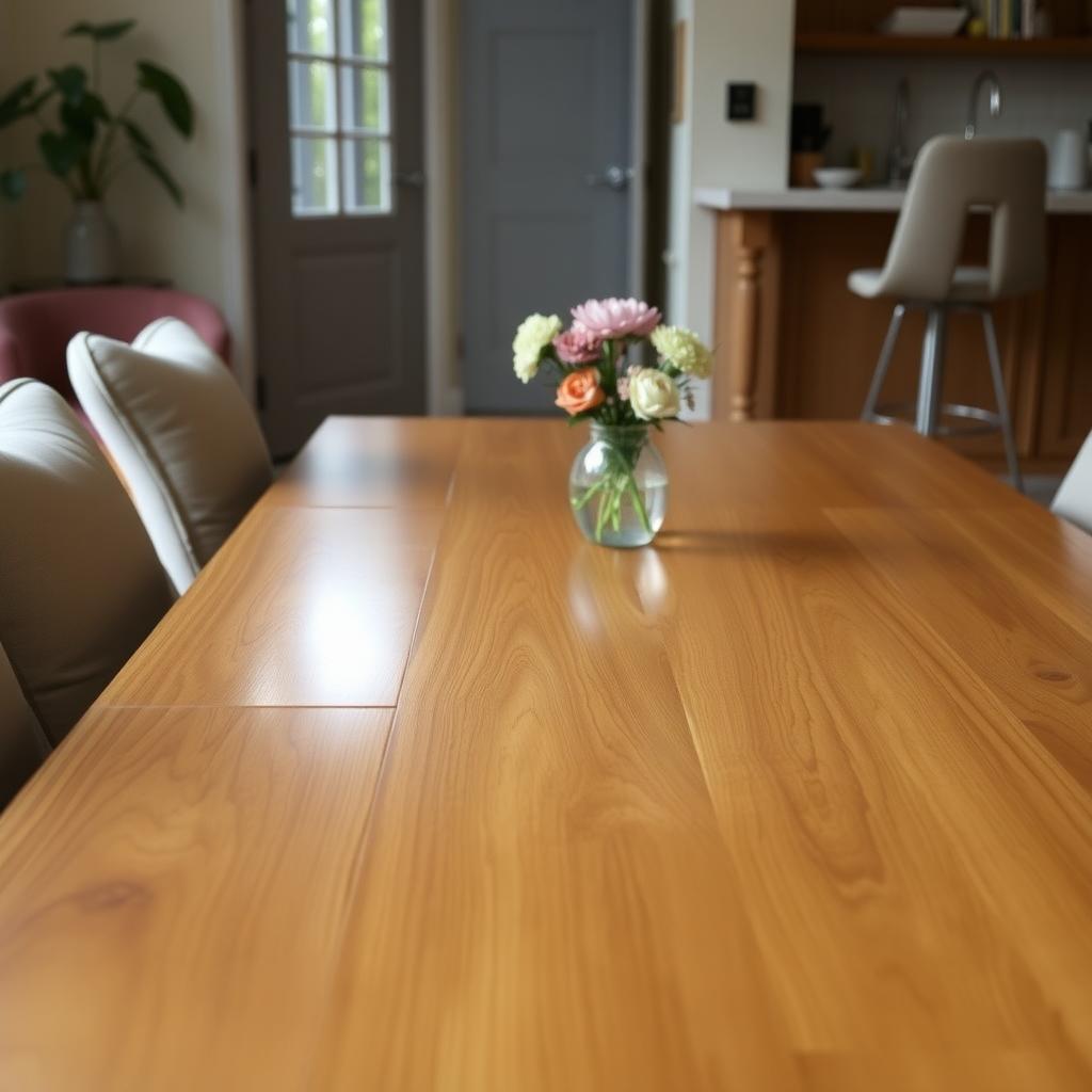 Polished oak dining table with chairs and a bar stool in a cozy dining room