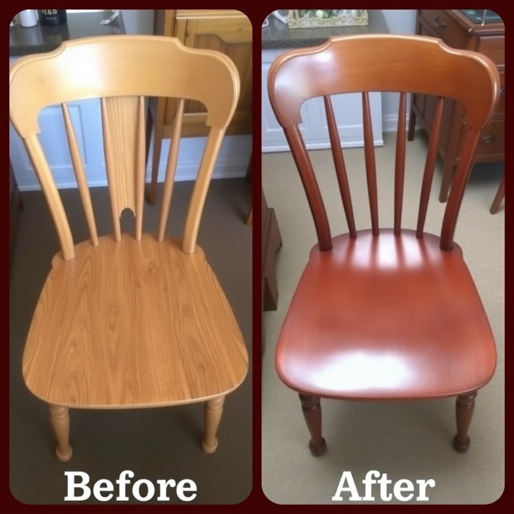 Before and after of a restored wooden chair.
