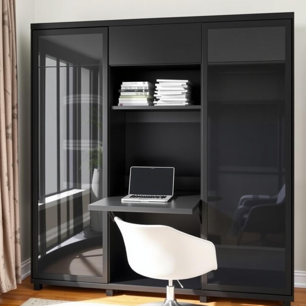 Contemporary black metal armoire in a home office with a fold-out desk and a hidden compartment revealing organized files.