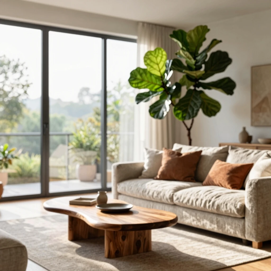 Sunlit living room showcasing biophilic design elements