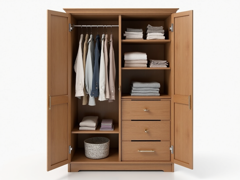 Armoire with diverse storage compartments for different items.