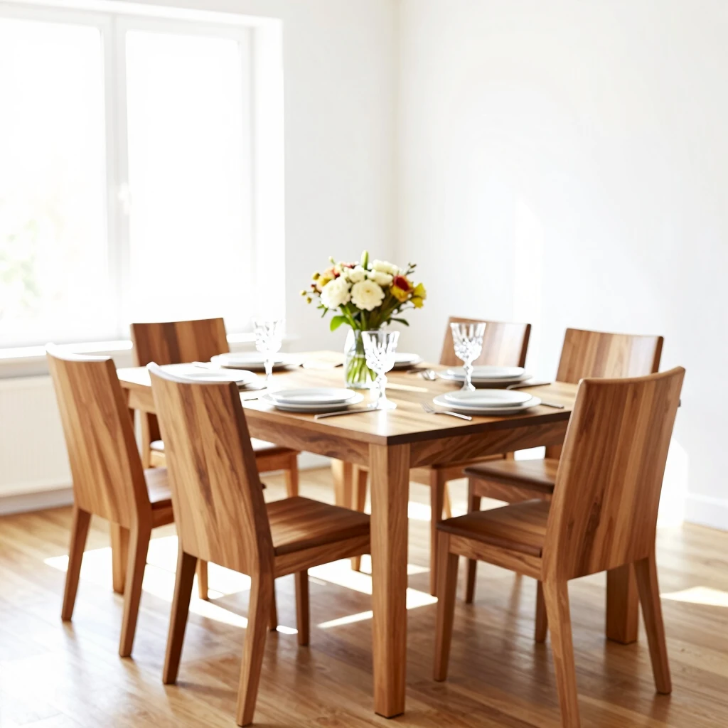 Beautiful modern wooden dining set in a bright dining room