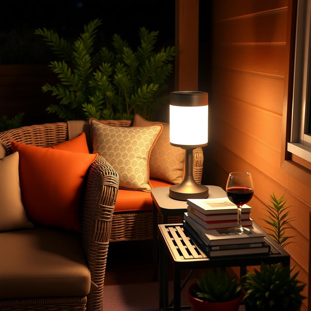 Cozy patio corner at night with a solar-powered table lamp illuminating a rattan sofa, side table, and succulents.