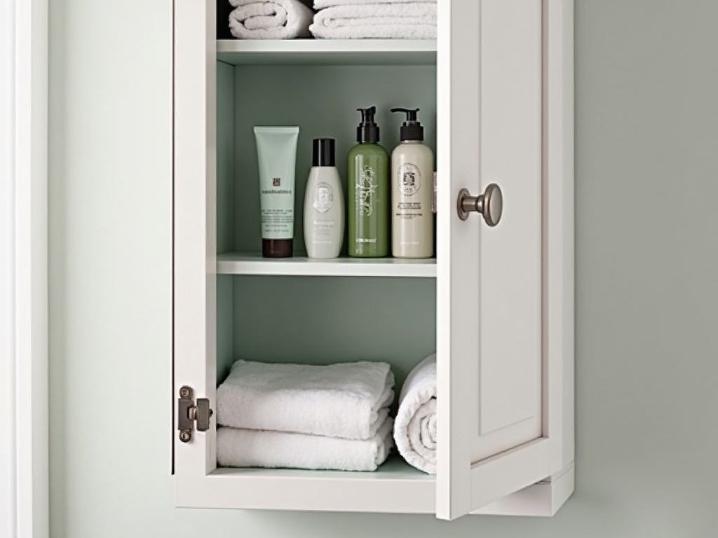 Bathroom cabinet with tiered shelves for optimal organization.