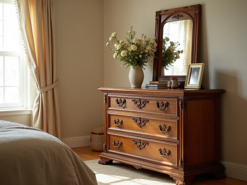 Traditional wooden dresser in a cozy bedroom setting