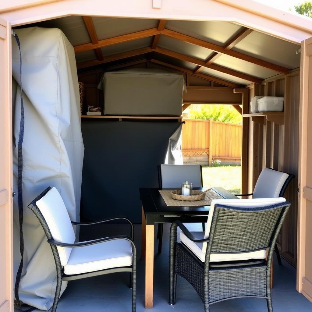 Outdoor storage shed with patio furniture covers protecting teak and wicker furniture.
