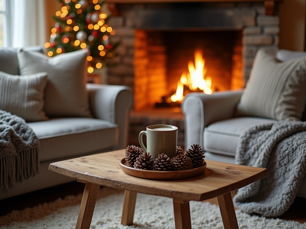 A cozy living room with a fireplace, soft textiles, and winter accents.