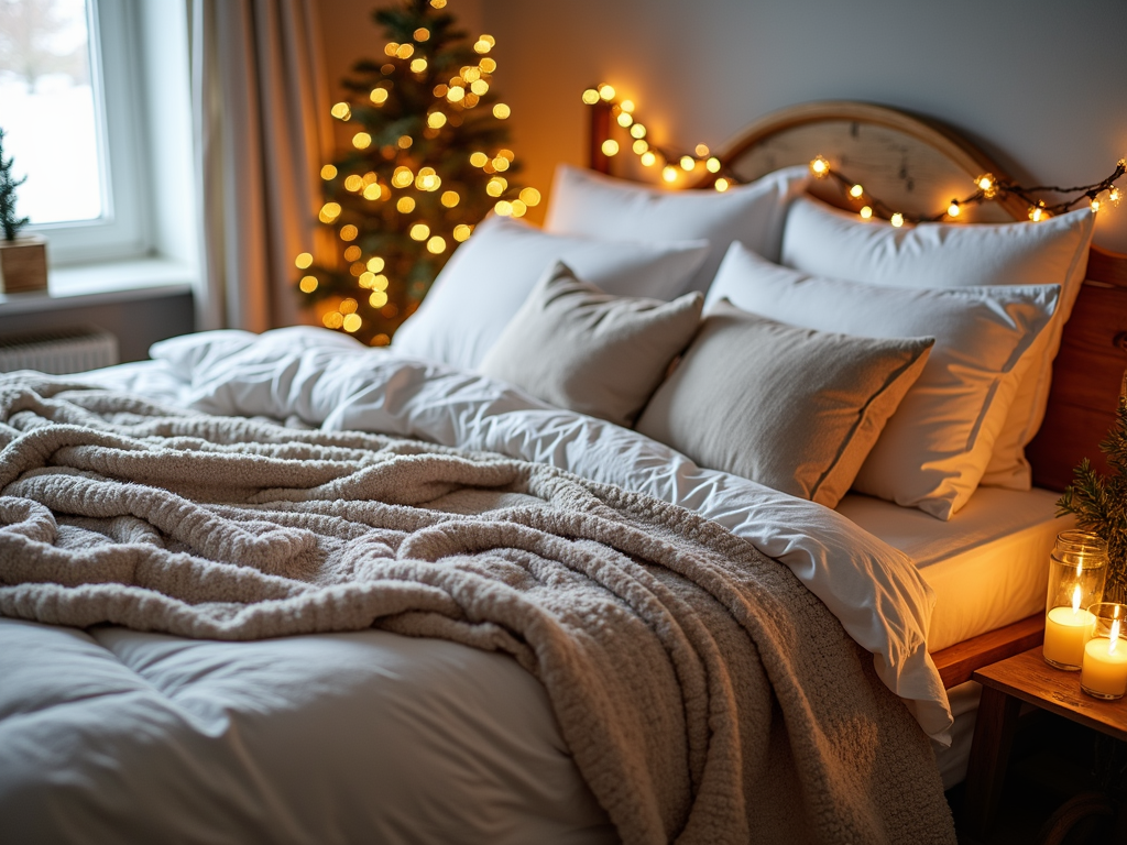 Cozy bedroom with layered textiles on the bed, creating a warm winter retreat.